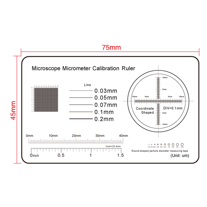 40mm/80 Div, 1.5Inch/30 Div, 20mm/200 Div, 10x10mm/100x100 Net Grid Line Gauge, SKU RT02412104, three quarter front view