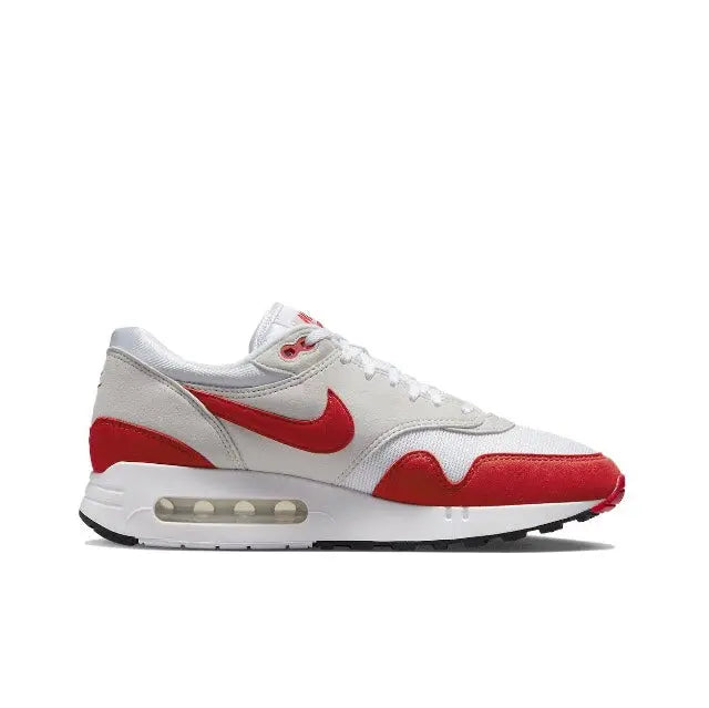 Side view low-top sneakers with red swoosh, white/grey panels, and Air Max unit