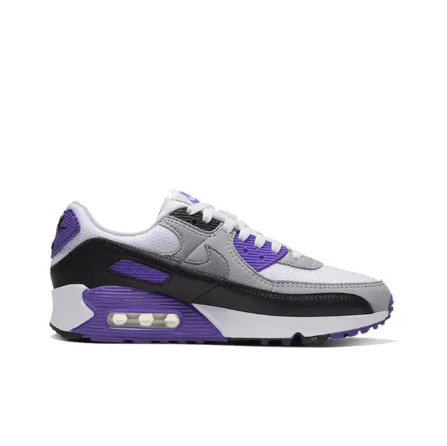 White, gray, purple and black low-top sneaker with lace-up and Air window