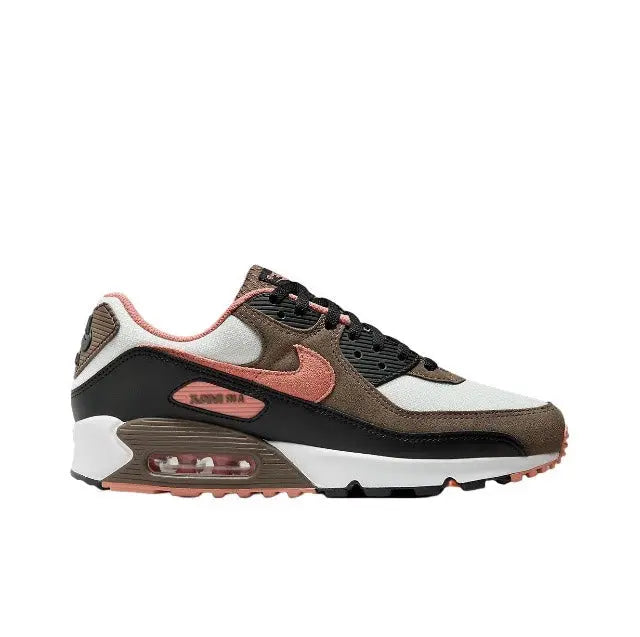 Air Max 90 side sneakers: white base, black overlays, brown and pink accent details