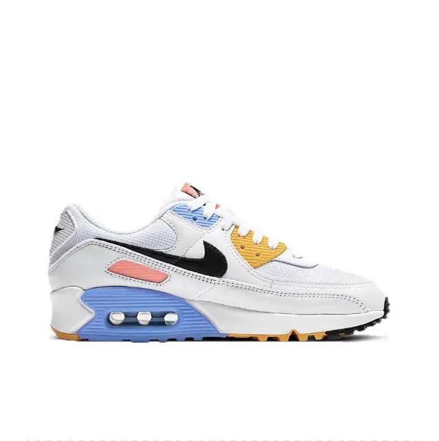 Air Max 90 low-top sneakers, white with black swoosh, blue air unit and tan outsole