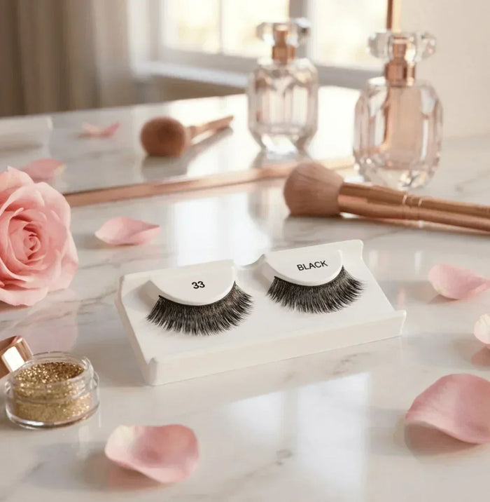 Pair of black full volume strip lashes in tray on vanity with rose, brushes, and perfume