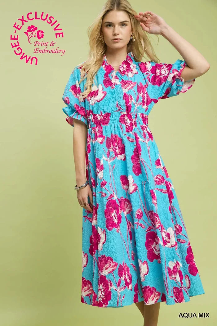 Aqua Floral Midi Dress