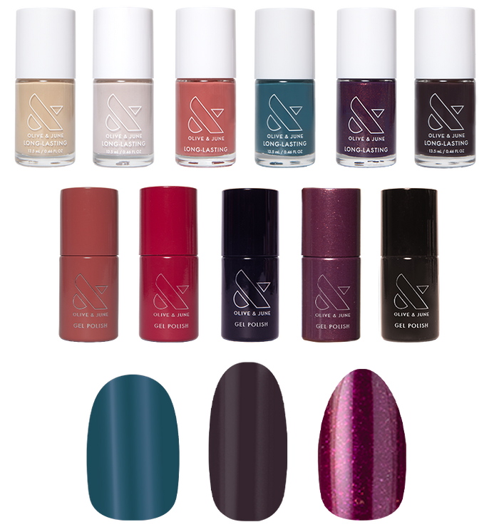 Bonus Fall Polish & Press-On Set with six polish bottles, five gel polishes, and three fall-themed press-on nails by Olive and June
