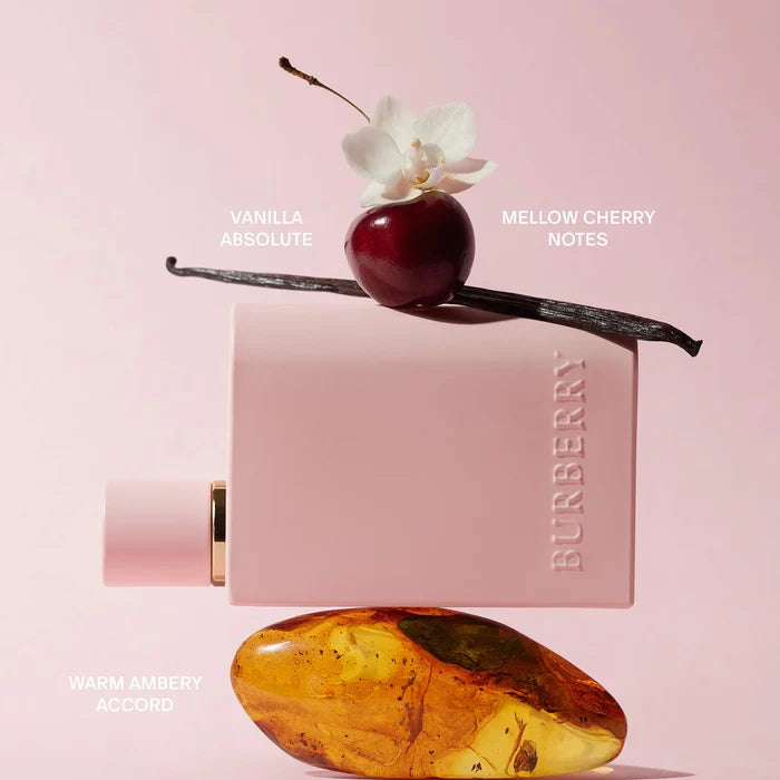 Burberry Her Parfum 100ml bottle, new in box, with elegant clear glass and gold accents, showcasing the luxurious fragrance.