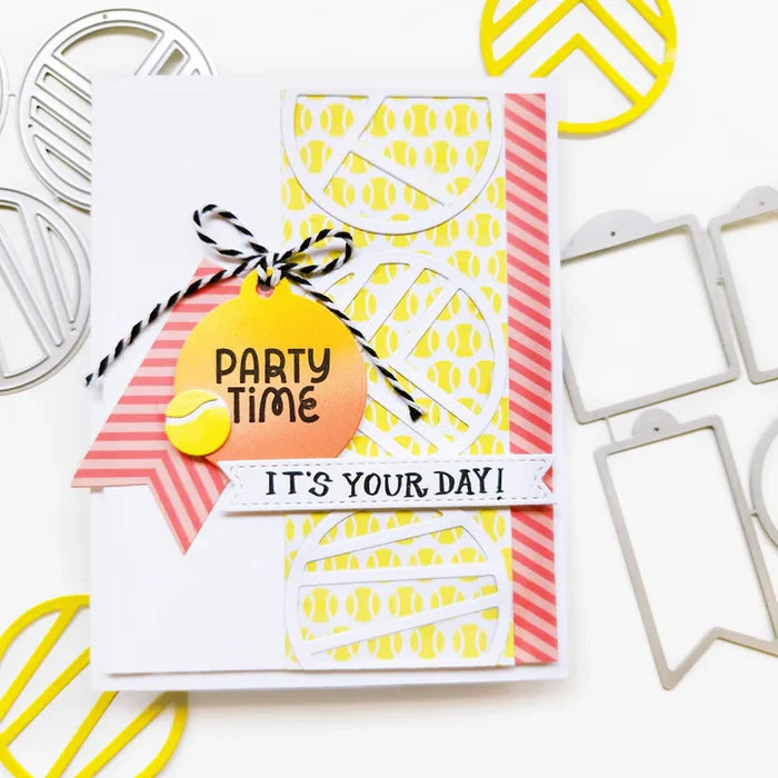 Catherine Pooler - Patterned Paper - 40 Love. This sport themed paper pack is packed with geometric patterns and sporty prints! Tennis rackets, balls and court inspired patterns will be great backgrounds or accents for your cards and projects. Available at Embellish Away located in Bowmanville Ontario Canada. Example by Catherine Pooler.