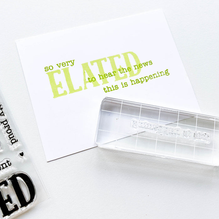 Catherine Pooler - Sentiments Stamp Set - So Very Elated. The news is great...share in their excitement with the So Very Elated 3x4 Sentiments Stamp Set. Available at Embellish Away located in Bowmanville Ontario Canada.