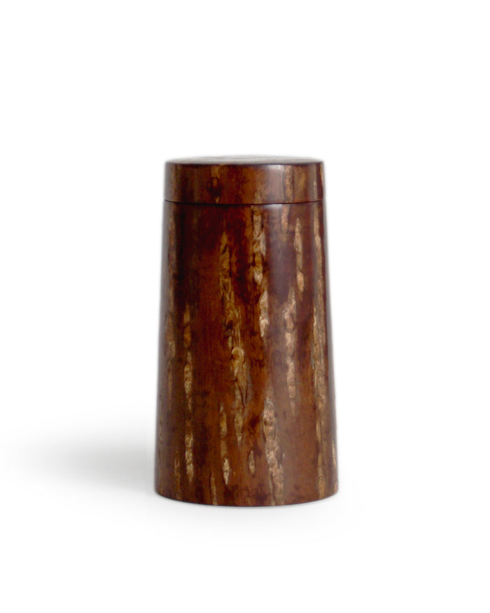 Wooden cylindrical coffee container by Denshiro on a white background