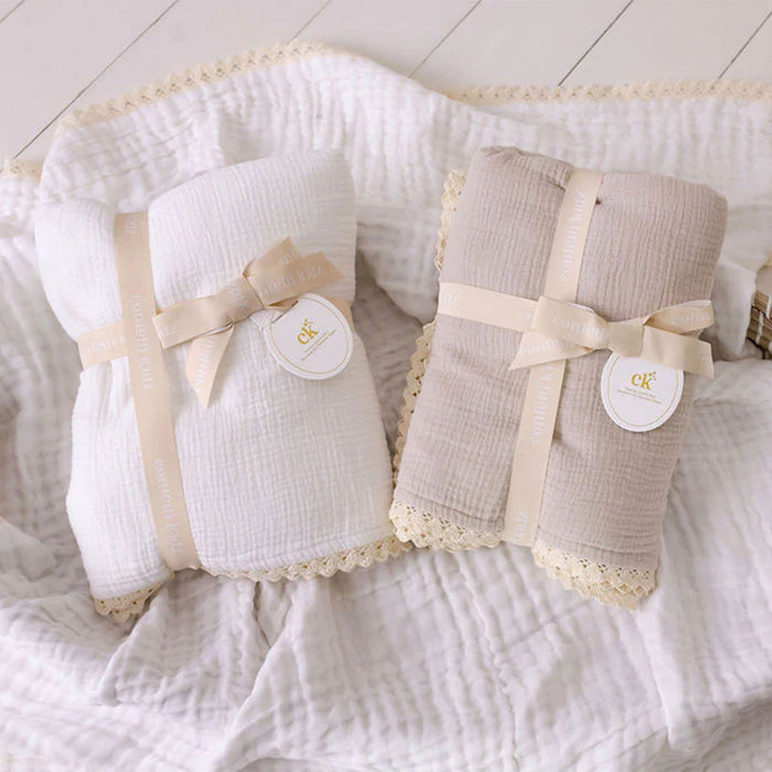 Confetti Kidz Muslin Blanket with Lace Trim - White