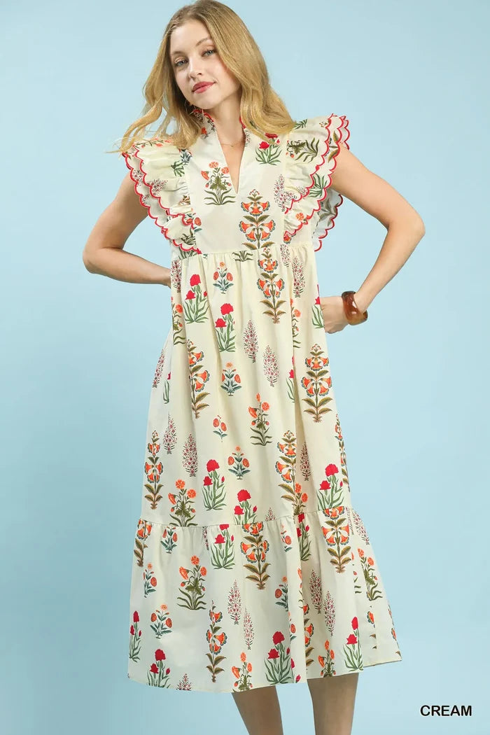 Cream w/Red Floral Midi Dress