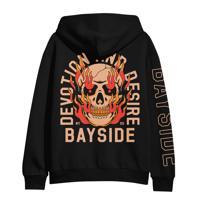 Bayside midweight black zip-up hoodie with a large flaming skull graphic and DEVOTION AND DESIRE text on the back, plus BAYSIDE printed down one sleeve.