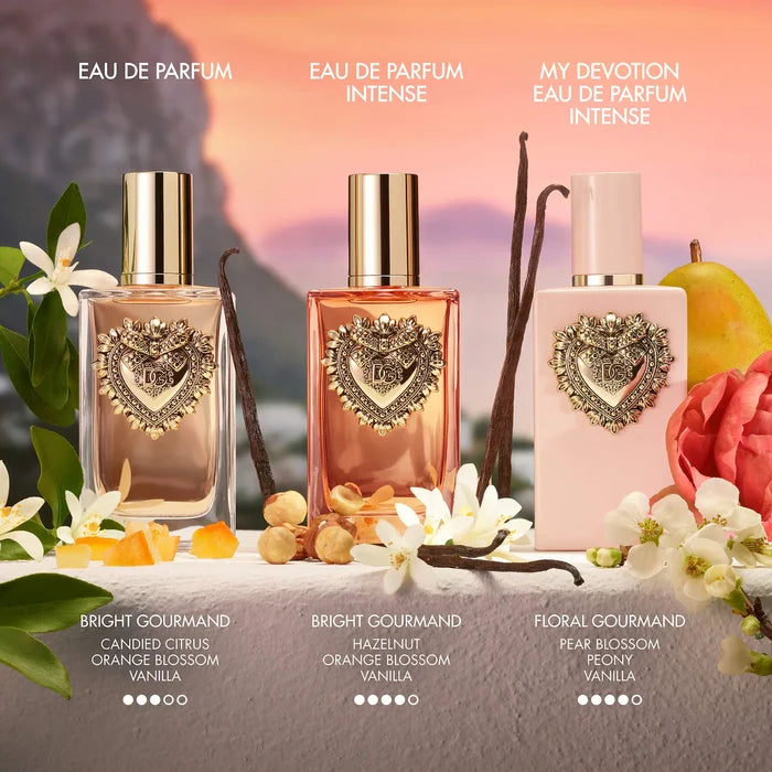 Dolce&Gabbana My Devotion Eau de Parfum Intense bottle with peony and vanilla, 50ml, unopened, close-up of the fragrance bottle.