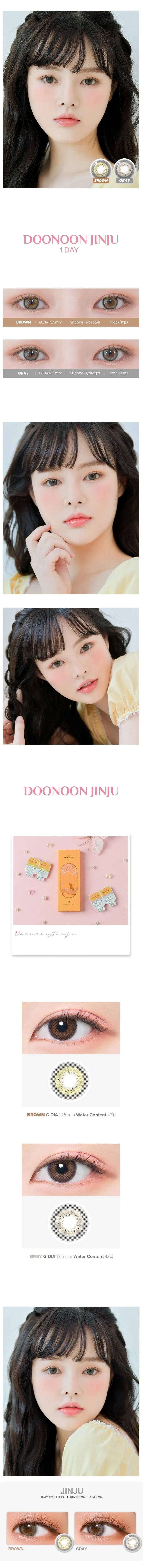 Variety of DooNoon Jinju 1-Day Grey (10pk) contact lens colors displayed, with closeups of an eye wearing the contact lens colors, and with a model wearing the contact lens colors showing realistic eye-enlarging effect from various angles.