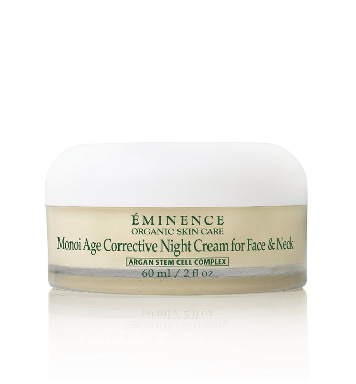 A jar of Eminence Monoi Age Corrective Night Cream for Face & Neck with a white label on it. Gene Juarez Salon & Spa