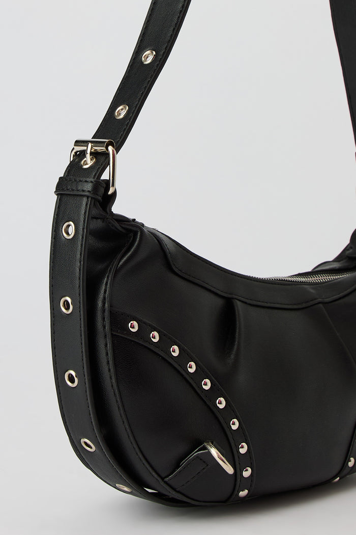 Faux Leather Studded Crossbody Purse with Pom Keychain