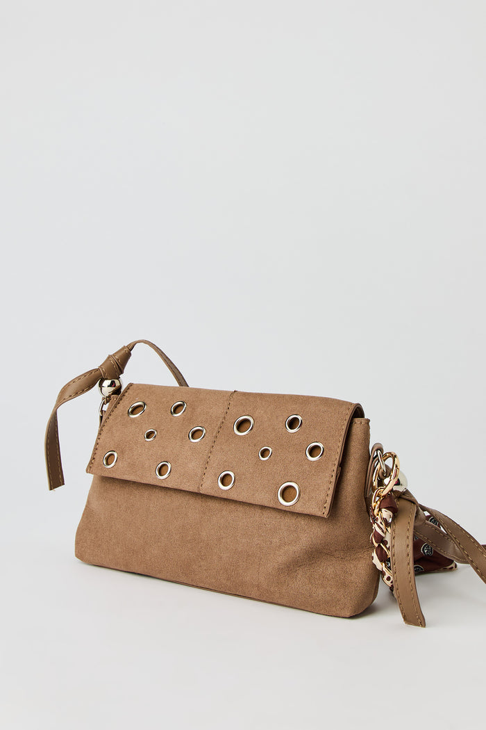 Faux Suede Eyelet Crossbody Purse & Removable Scarf Detail
