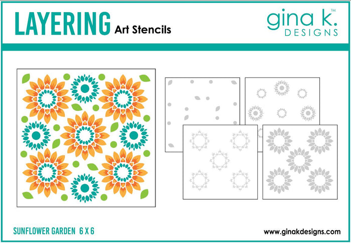 Gina K Designs - Layering Stencil - Sunflower Garden. Gina K. Designs Art Screens can be used with ink, sprays, pastes, and gels to create beautiful backgrounds and images. Layer stencils together for more options. Wash with soap and warm water. Pat dry. Available at Embellish Away located in Bowmanville Ontario Canada