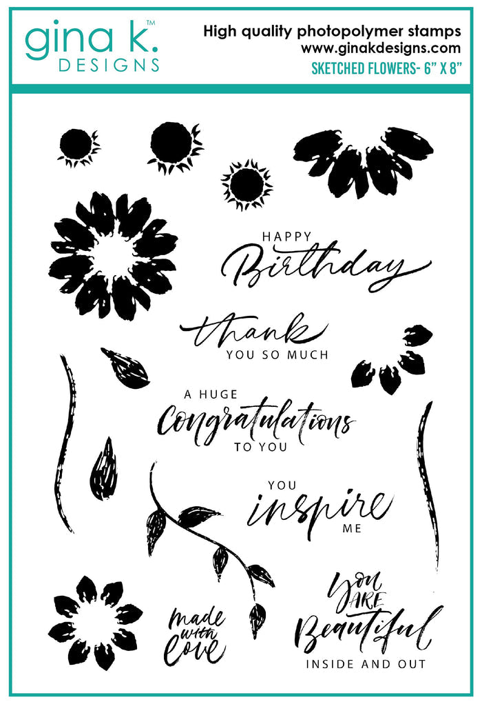 Gina K. Designs - Stamps - Sketched Flowers. Sketched Flowers is a stamp set by Gina K Designs. This set is made of premium clear photopolymer and measures 6" X 8". Made in the USA. Coordinating die set sold separately. Available at Embellish Away located in Bowmanville Ontario Canada.