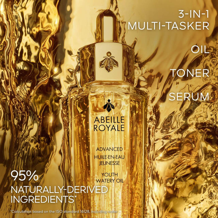 Guerlain Abeille Royale Youth Watery Oil Serum 50ml bottle, beauty product with elegant packaging and pump dispenser.