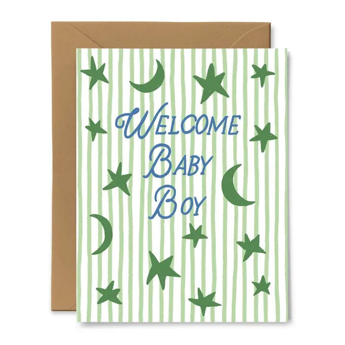 Baby boy greeting card, green striped front with stars, moon, and 'WELCOME BABY BOY' text