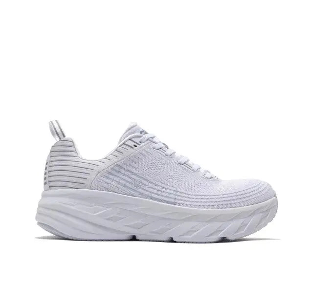 Hoka Bondi 6 running shoe, light gray knit, lace-up, oversized midsole and tread