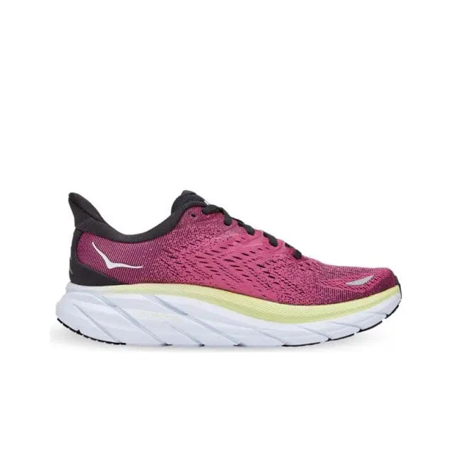 Running shoe side view with magenta knit upper, black accents, white midsole and logo