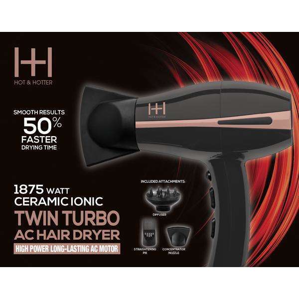 Hot & Hotter 1875 Watt Ceramic Ionic Dual Turbo AC Hair Dryer, 1 Count, Black