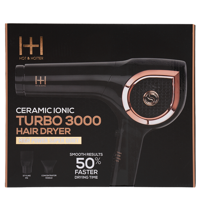 Hot & Hotter Ceramic Ionic Turbo 3000 Hair Dryer, 1 Count, Black & Rose Gold