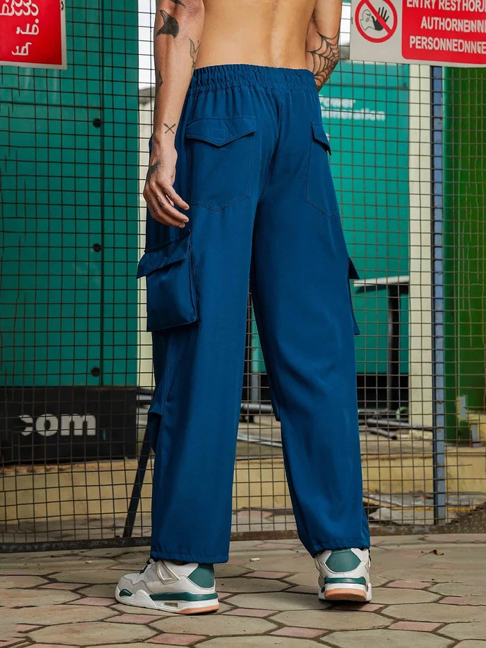 House Of Koala Baggy Fit Blue 6-Pocket Parachute Cargo Trousers