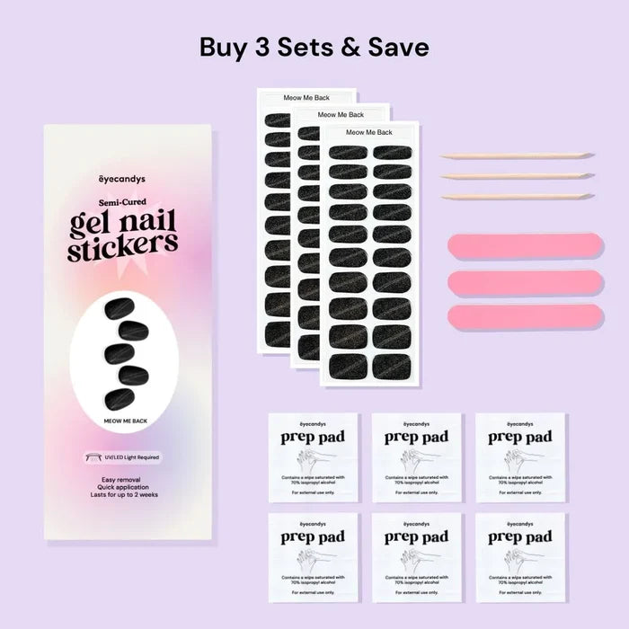 EyeCandys Meow Me Back Gel Nail Sticker set includes alcohol prep pads, a wooden stick, and a nail file for easy application. This all-in-one kit ensures a smooth, long-lasting manicure with minimal effort. Perfect for at-home use, these gel nail stickers offer a chip-free finish and come with essential tools for flawless results.