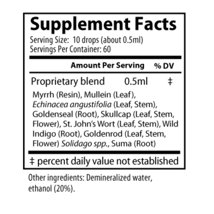 Myrrh Complex is an herbal formula with antimicrobial properties that can help to support immune function and respiratory health. Its unique ingredients including St John’s Wort promote a calm nervous system, helping to support sleep and an overactive mind.