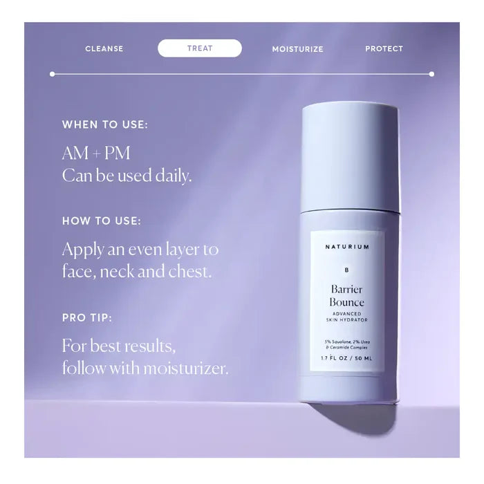 Naturium Barrier Bounce Serum 50ml bottle with pump, featuring clear, smooth liquid for skin hydration and barrier support.
