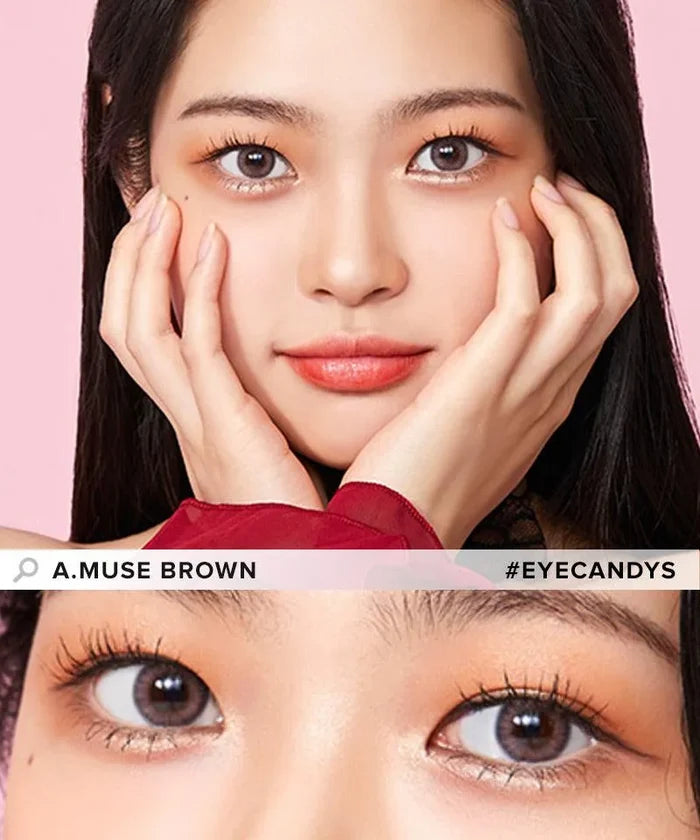A woman with long dark hair poses, hands framing her face and wearing Olola Blow Sunset Pink color contacts. A close-up highlights the sunset pink shade on her eyes. Text: "Olola Blow Sunset Pink #EYECANDYS".