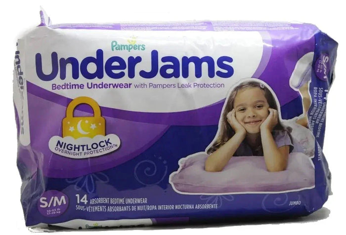 Pampers UnderJams girls' bedtime underwear S/M, leak protection, purple packaging, 14 count