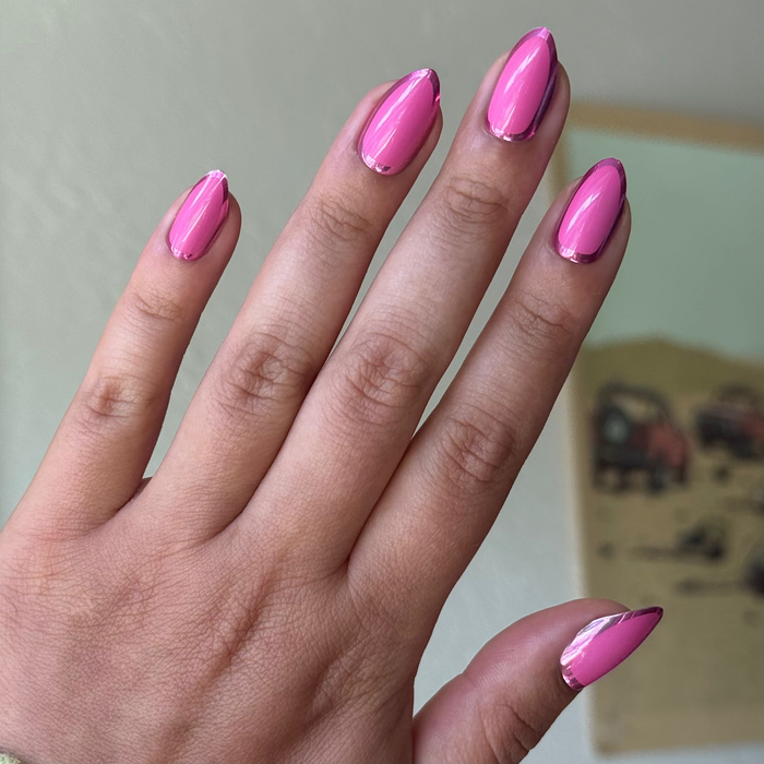 Pink Chrome Outline - Press-On | Medium | Almond medium almond false nails with bright pink polish and chrome trim for easy at-home manicure