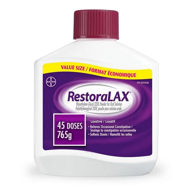 A RestoraLAX bottle sits on a white background. It contains 45 doses (765g) of polyethylene glycol 3350 powder for oral solution, used as a laxative to relieve occasional constipation and soften stools.