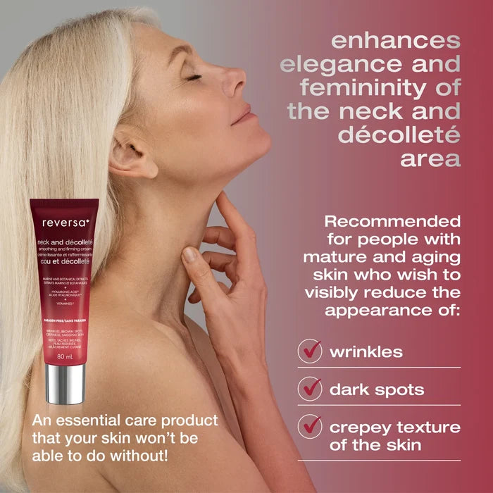 Reversa neck and décolleté smoothing and firming cream in 80ml jar, visible on the product image.