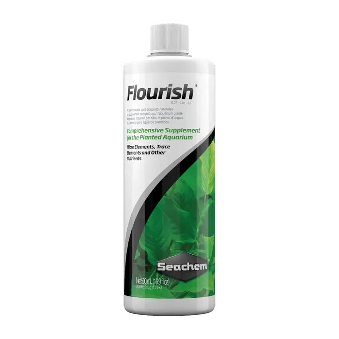 White plastic bottle with green leafy design and black stripe labeled flourish by Seachem for planted aquariums