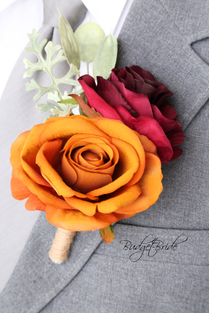 Silk Wedding Bouquet in Burgundy and Mustard - $115.00 | Finch Collection