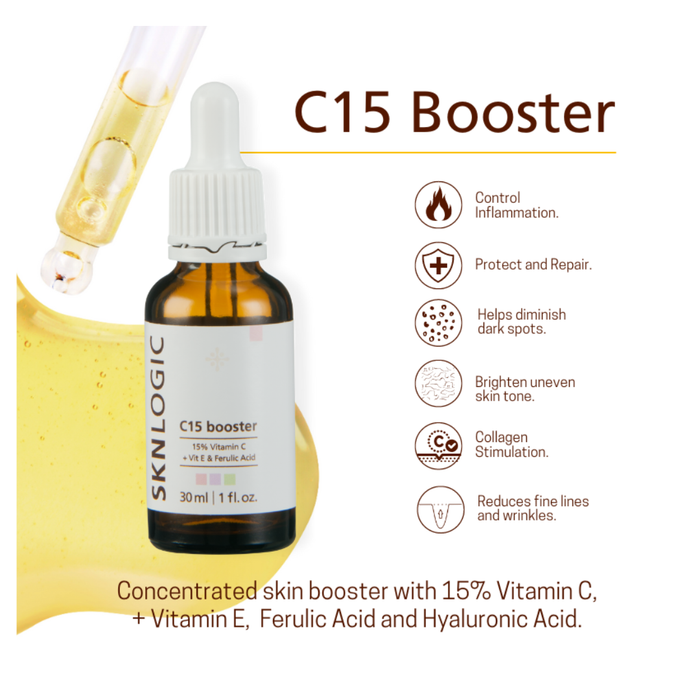 SKN120 SKNLOGIC C15 Vitamin C Face Serum Booster 30ml | A bottle of SKNLOGIC C15 Booster serum with a dropper, shown alongside a pipette of golden serum and a list of skin benefits on a white background.