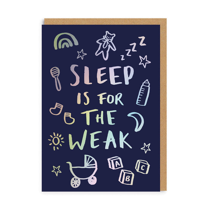 Newborn greeting card with sleep-themed lettering and baby carriage icons on dark blue