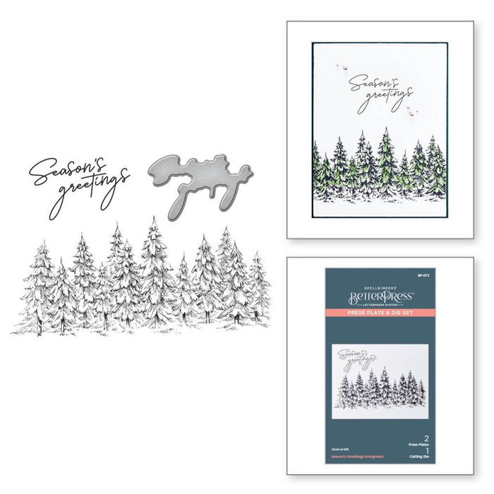 Spellbinders - BetterPress Letterpress Press Plates & Die Set - Seasons Greetings Evergreens. A set of two press plates and one thin metal cutting die. The largest press plate is a line of beautiful evergreen trees which makes a beautiful border. Available at Embellish Away located in Bowmanville Ontario Canada.