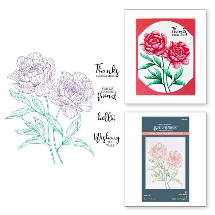 Spellbinders - BetterPress Press Plate - Peony Perfection Registration. The set of six press plates and one mylar printed registration template come together to create a beautiful two stemmed Peony blooms with a choice of four sentiments. Available at Embellish Away located in Bowmanville Ontario Canada.