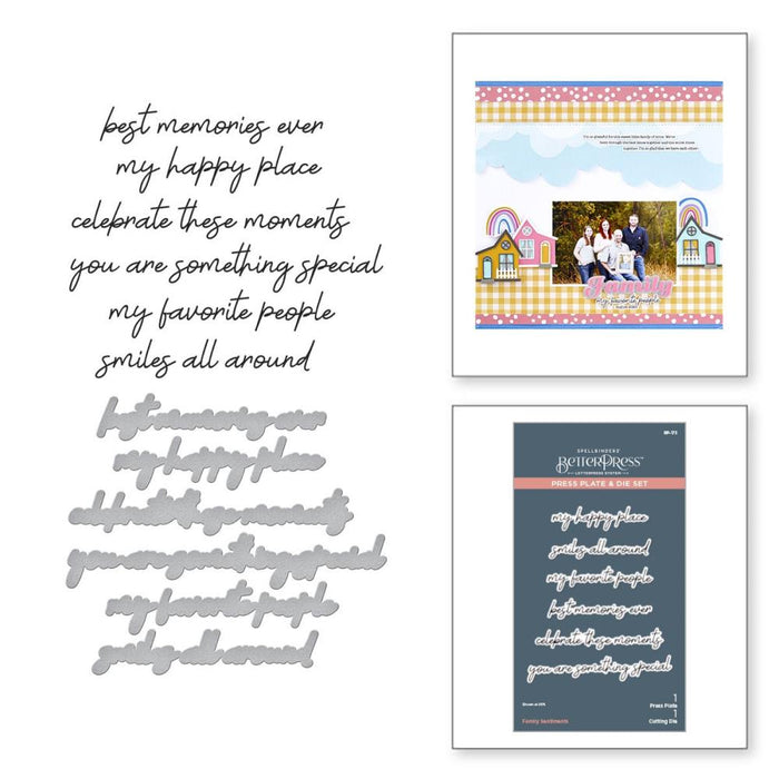 Spellbinders - BetterPress Press Plate & Die - Family Sentiments. Impress the entire plate full of everything that surrounds family in sentiments and phrases on a sweet lowercase script font. Available at Embellish Away located in Bowmanville Ontario Canada.