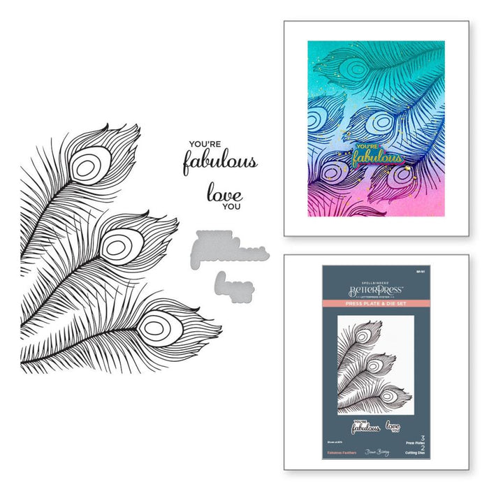 Spellbinders - BetterPress Press Plate & Die - Set By Dawn Bibby - Fabulous Feathers. Fabulous Feathers Press Plate & Die Set is part of the Peacock Paradise Collection by Dawn Bibby. Available at Embellish Away located in Bowmanville Ontario Canada.