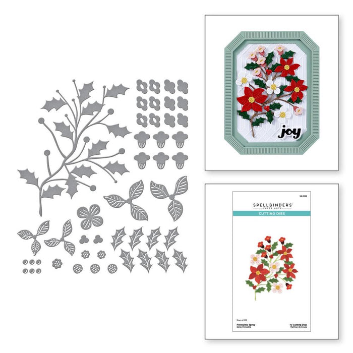 Spellbinders - Etched Dies - From Home For The Holidays - Poinsettia Spray. When assembled, this beautiful set of 10 thin metal cutting dies creates a lovely spray of Poinsettia blooms. Available at Embellish Away located in Bowmanville Ontario Canada.