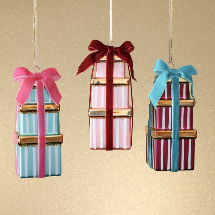 Stacked Presents Glass Ornament - 3 Assorted Colors