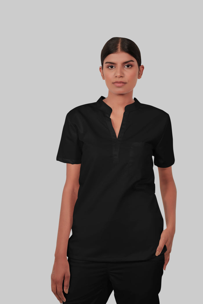 Stretchable (2Way) Women Black Mandarin Neck Scrub Top