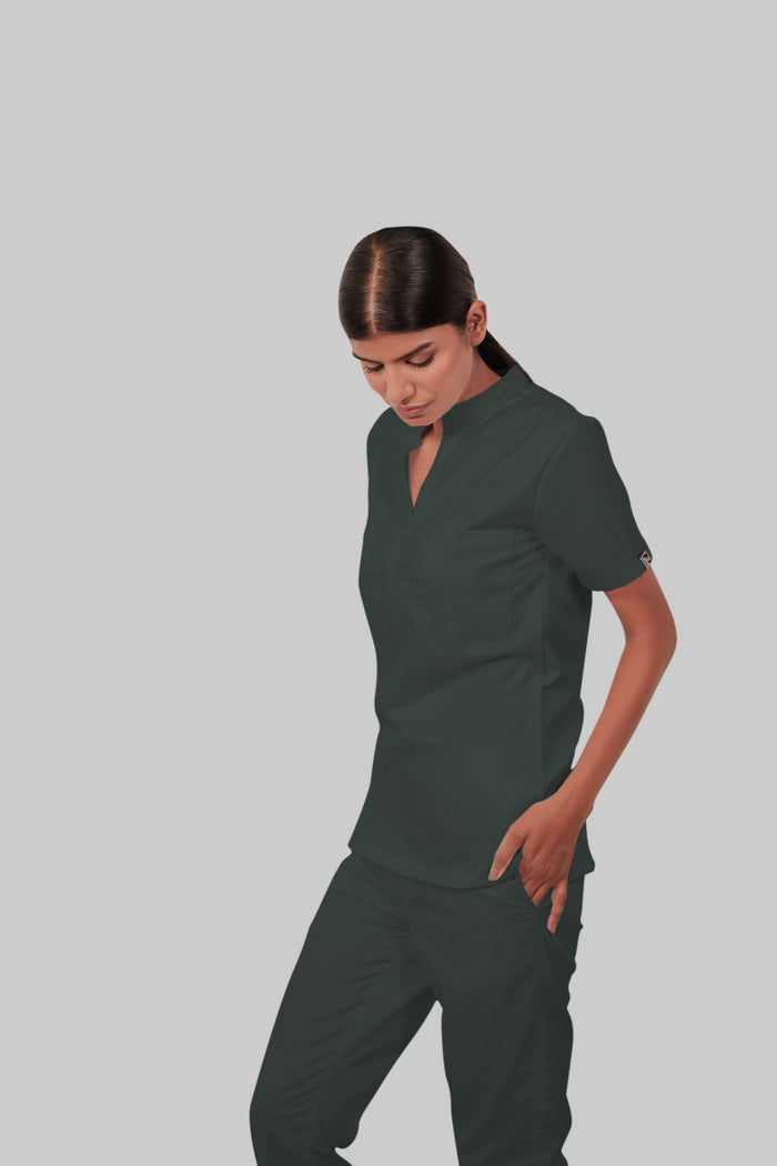 Stretchable (2Way) Women Bottle Green Mandarin Neck Scrub Top