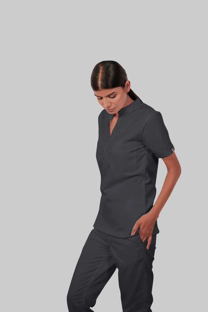 Stretchable (2Way) Women Dark Gray Mandarin Neck Scrub Top